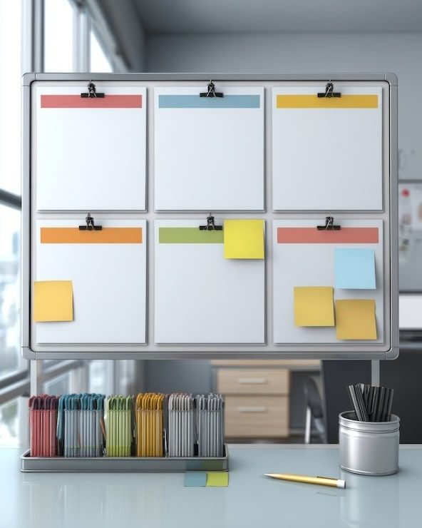Color-coded workflow board with blank cards and sticky notes