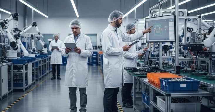 Engineers reviewing production equipment and a digital machine interface